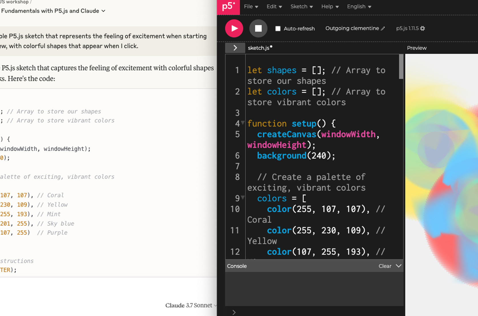 Screenshot showing Claude.ai prompt and code result on the left, and code added to P5JS web editor with resulting artwork on the right.
