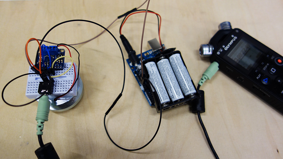 Prototyping surface speaker with wired stereo Class D amplifier, battery pack and recorder/player. 08-02-17